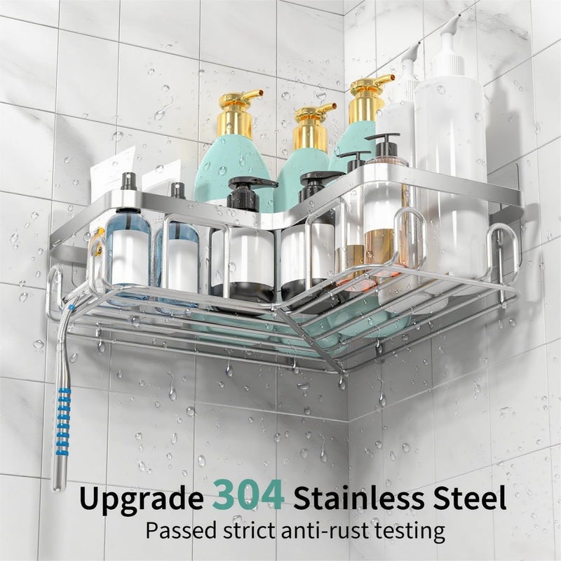 Moforoco Corner Shower Caddy Shelf Organizer Rack, Self Adhesive Black Bathroom Shelves Basket, Home Shower Inside Organization and Storage Decor Rv Accessories, First Apartment Essentials（Silver） - Image 3